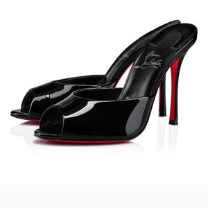 Christian Louboutin Black Patent Peep-Toe Mules with Red Soles Size 38